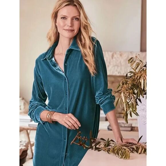 Soft Surroundings Blue Green Teal Velvet Button Down Blouse size Large Petite - Picture 1 of 7